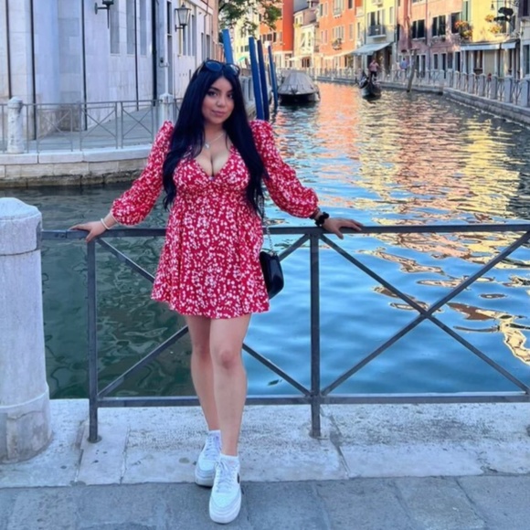 Red Ditsy Floral Print Mini Dress V-Neck Ties 3/4 Puff Sleeve Fit & Flare - Picture 11 of 12